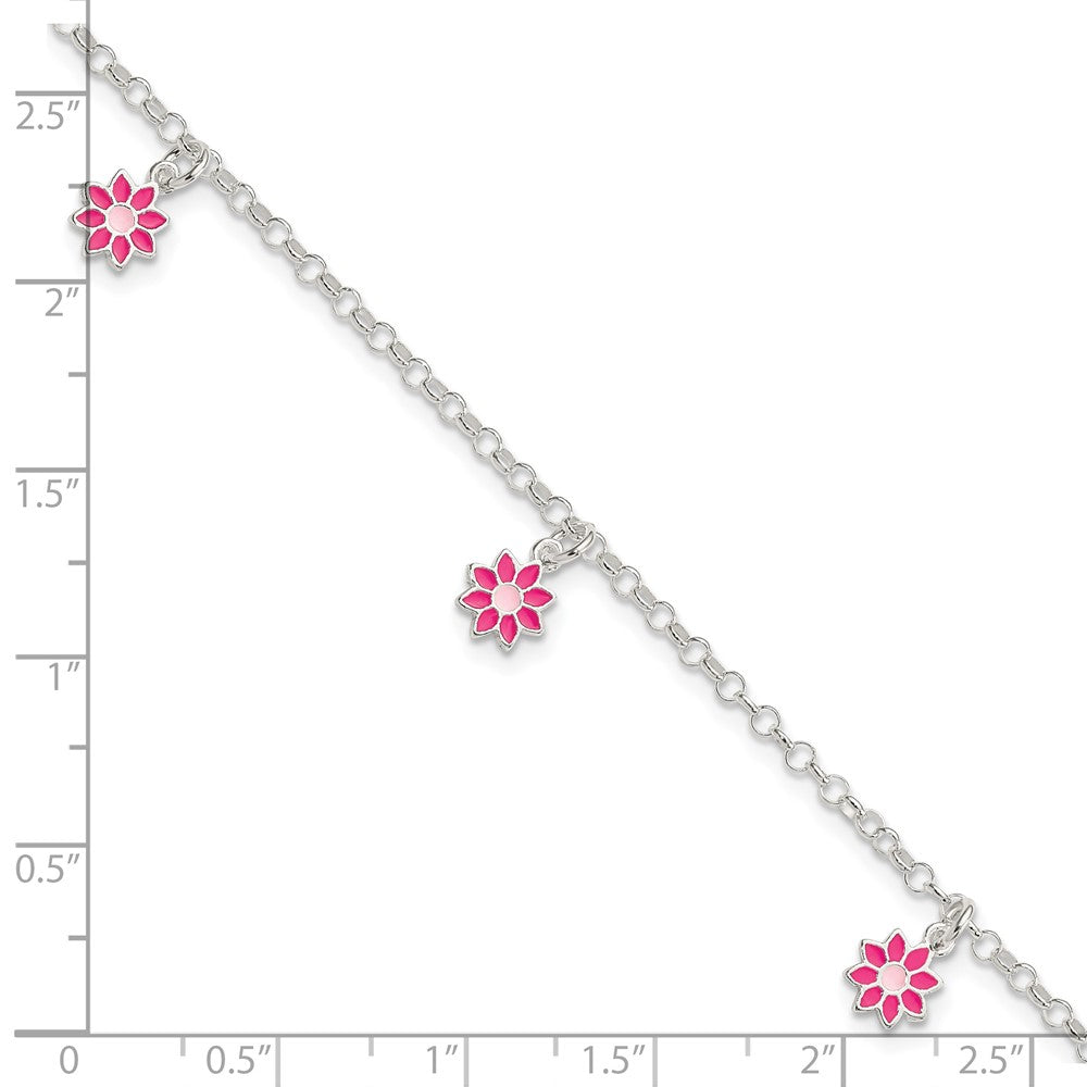 Sterling Silver Polished Pink Enameled Flowers Children's Bracelet 6 inches