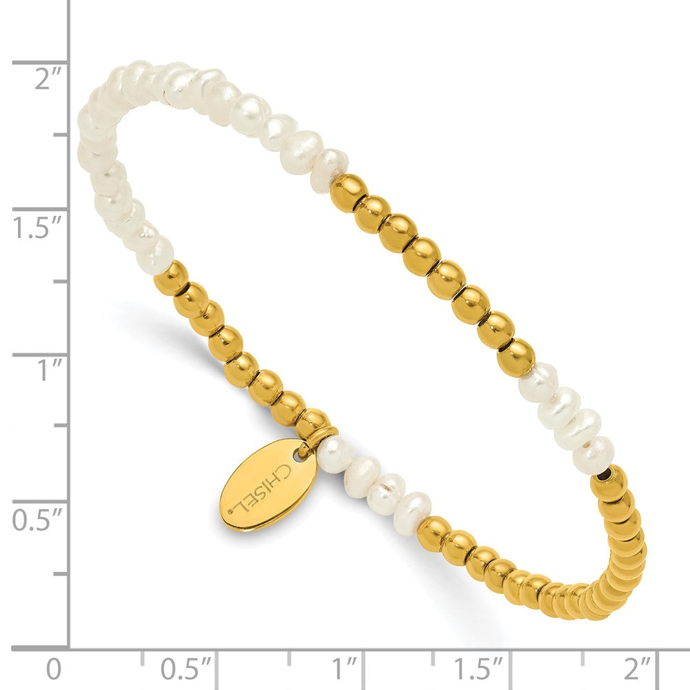 Chisel Stainless Steel Polished Yellow IP-plated 3mm White Freshwater Cultured Pearl Beaded 6.5 inch Stretch Bracelet 6.5 inches