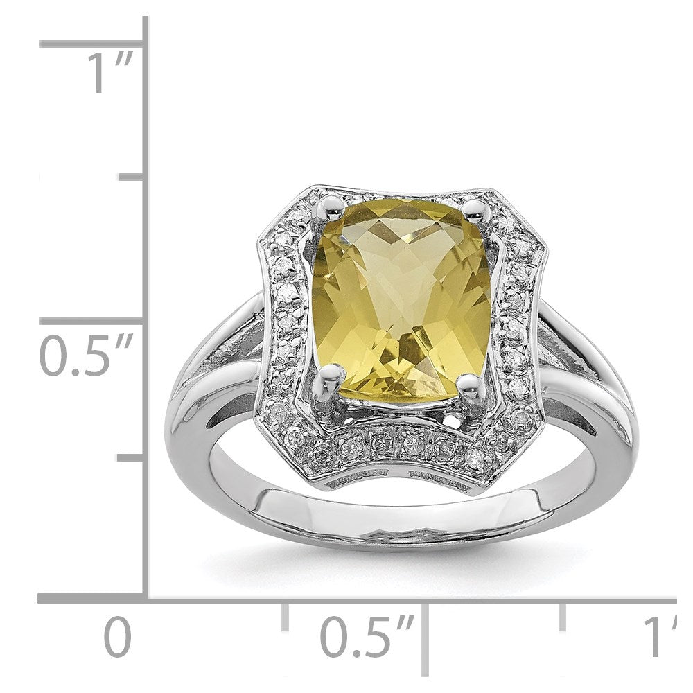 Sterling Silver Rhodium Checker-Cut Lemon Quartz & Diam. Ring