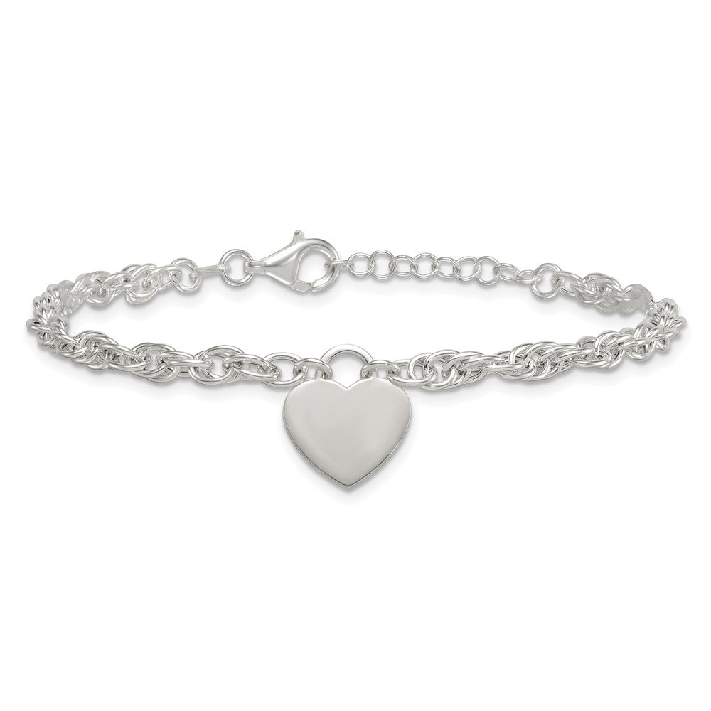 Sterling Silver Polished Fancy Engravable Heart Disc on Rope Chain 7 Inch with 1 Inch Extension Bracelet 8 inches