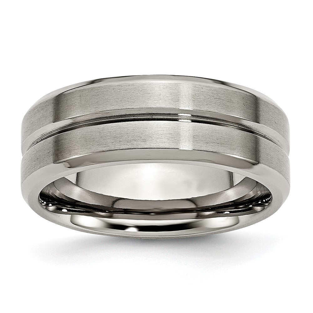 Titanium Brushed and Polished 8mm Grooved Beveled Edge Band Size - 8.5
