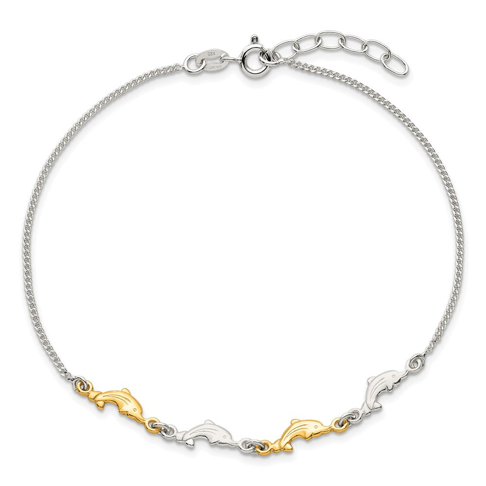 Sterling Silver with Gold-tone Polished Dolphins 9 inch with 1 inch Extension Anklet