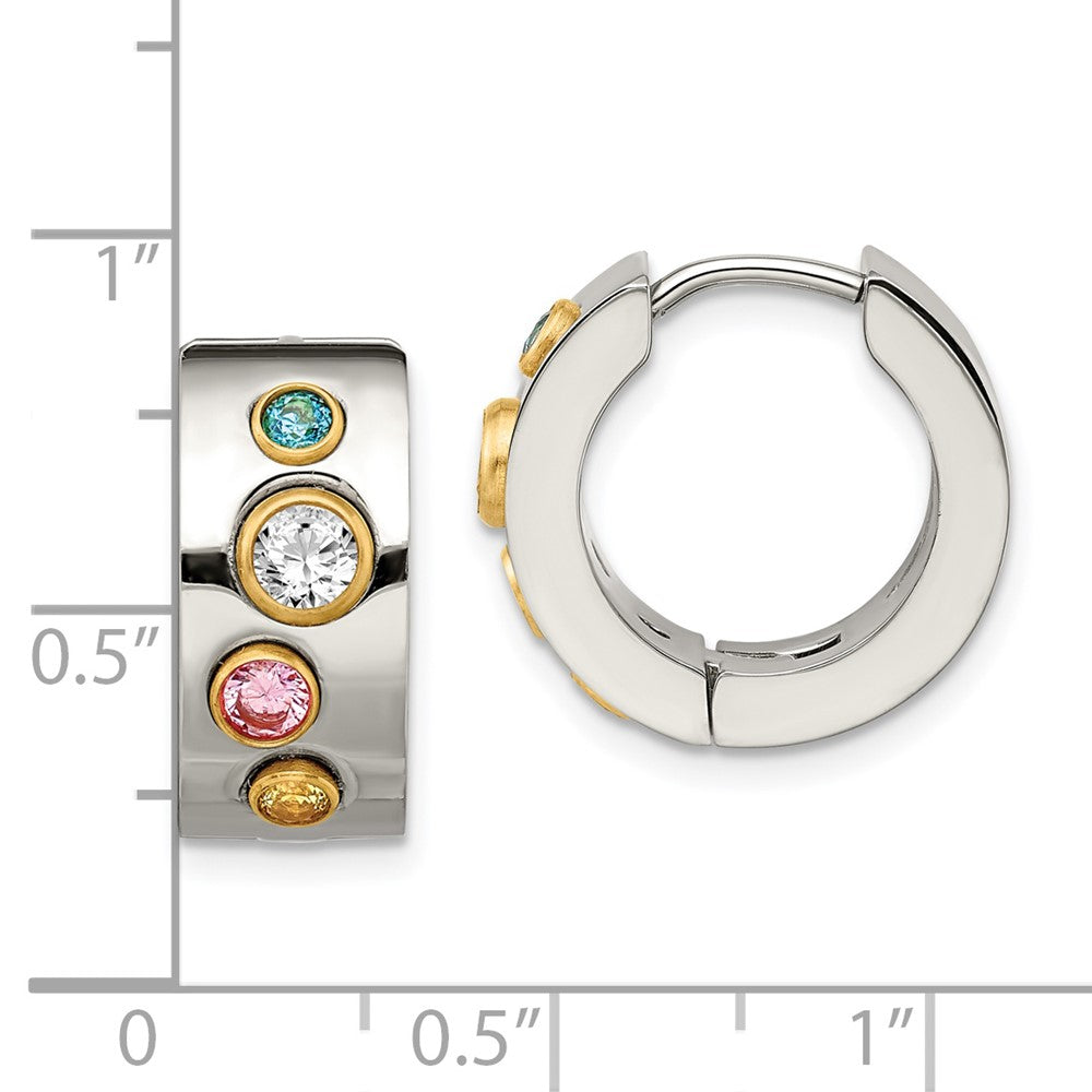 Stainless Steel Polished Yellow IP Multicolor CZ 7mm Hinged Hoop Earrings