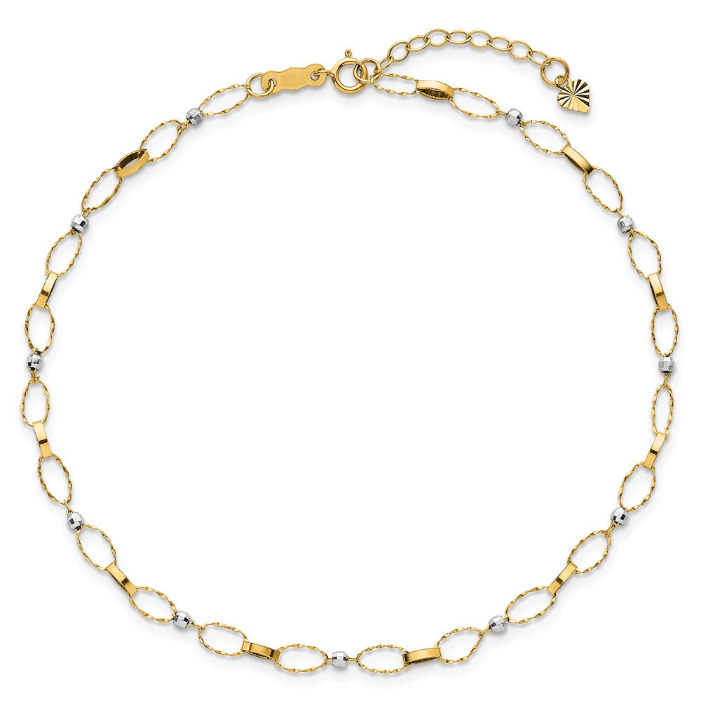 14k Two-tone Polished and Twisted Fancy Oval Links and Faceted Beads 9 inch Plus 1 inch Extension Anklet