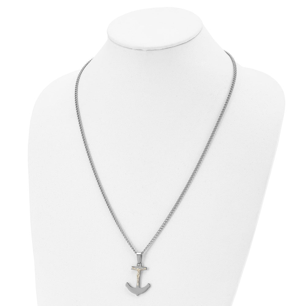 Stainless Steel Polished w/14k Gold Crucifix Anchor 24in Necklace