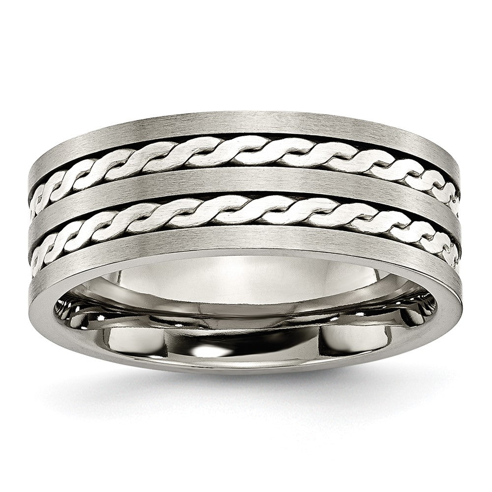 Titanium Antiqued & Brushed w/Sterling Silver Braided Inlay 8mm Band Size - 10.5