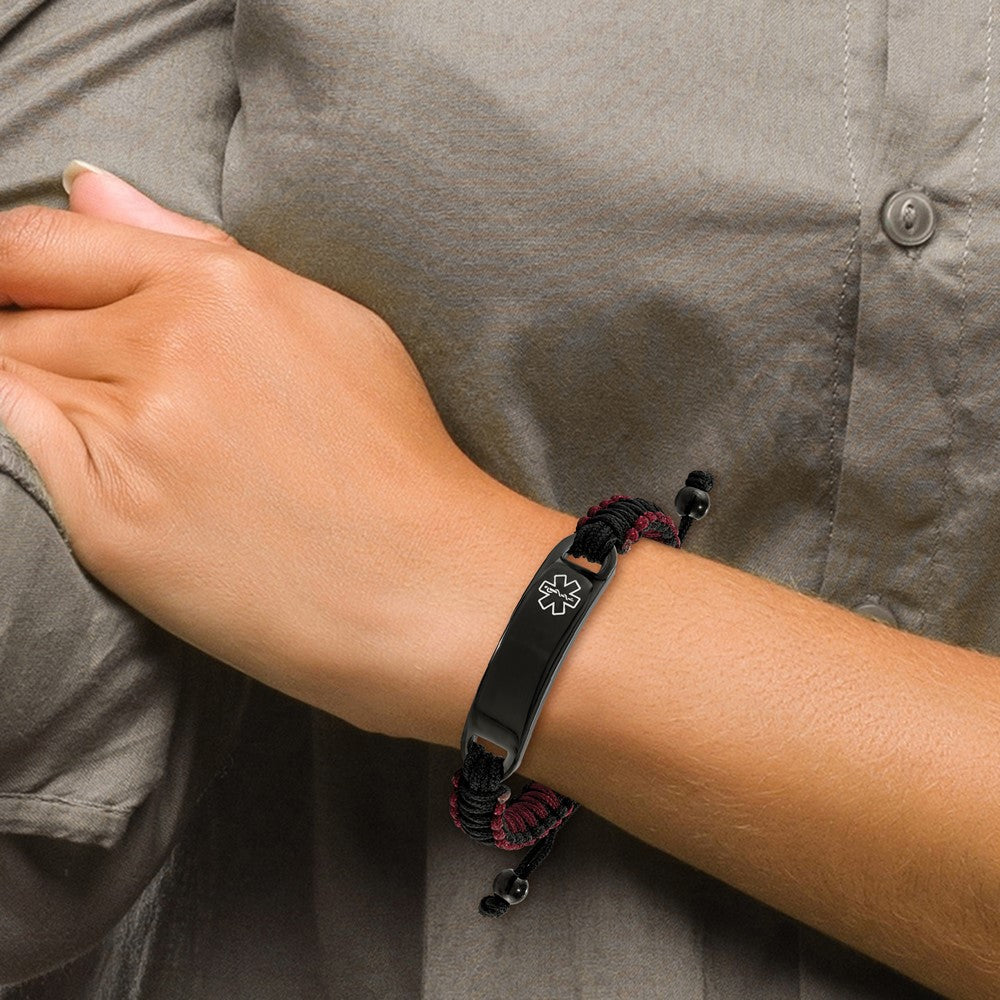 Stainless Steel Polished Black IP Black and Red Nylon Medical ID Bracelet 9.5 inches