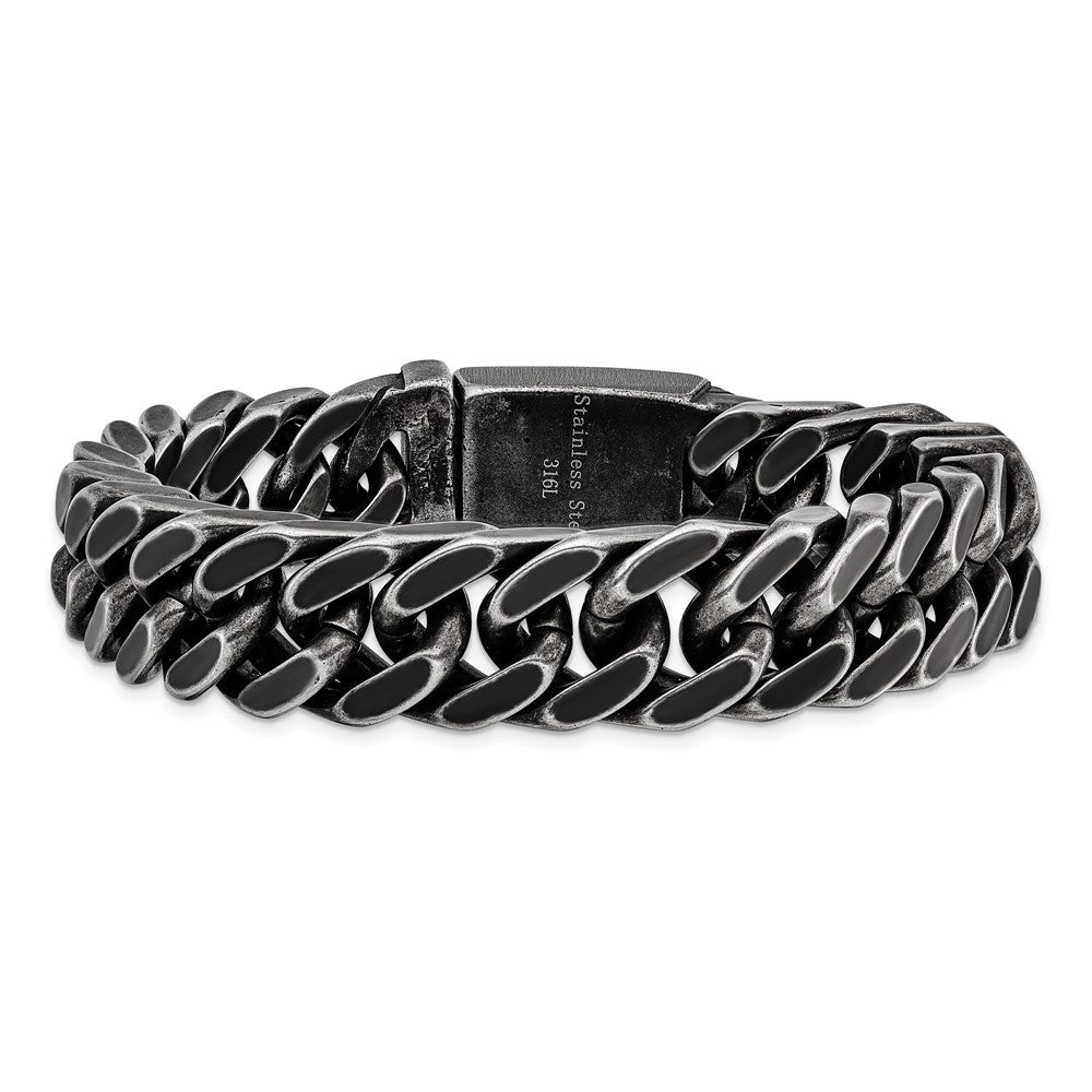 Stainless Steel Antiqued and Brushed 15mm Curb 8.5in Link Bracelet 8.5 inches
