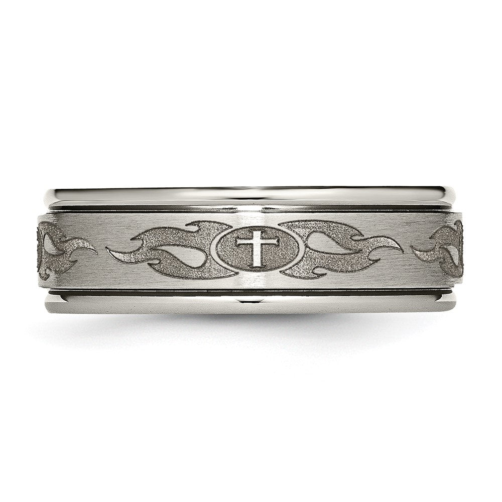 Titanium Brushed & Polished Cross Laser Design 8mm Ridged Edge Band Size - 7