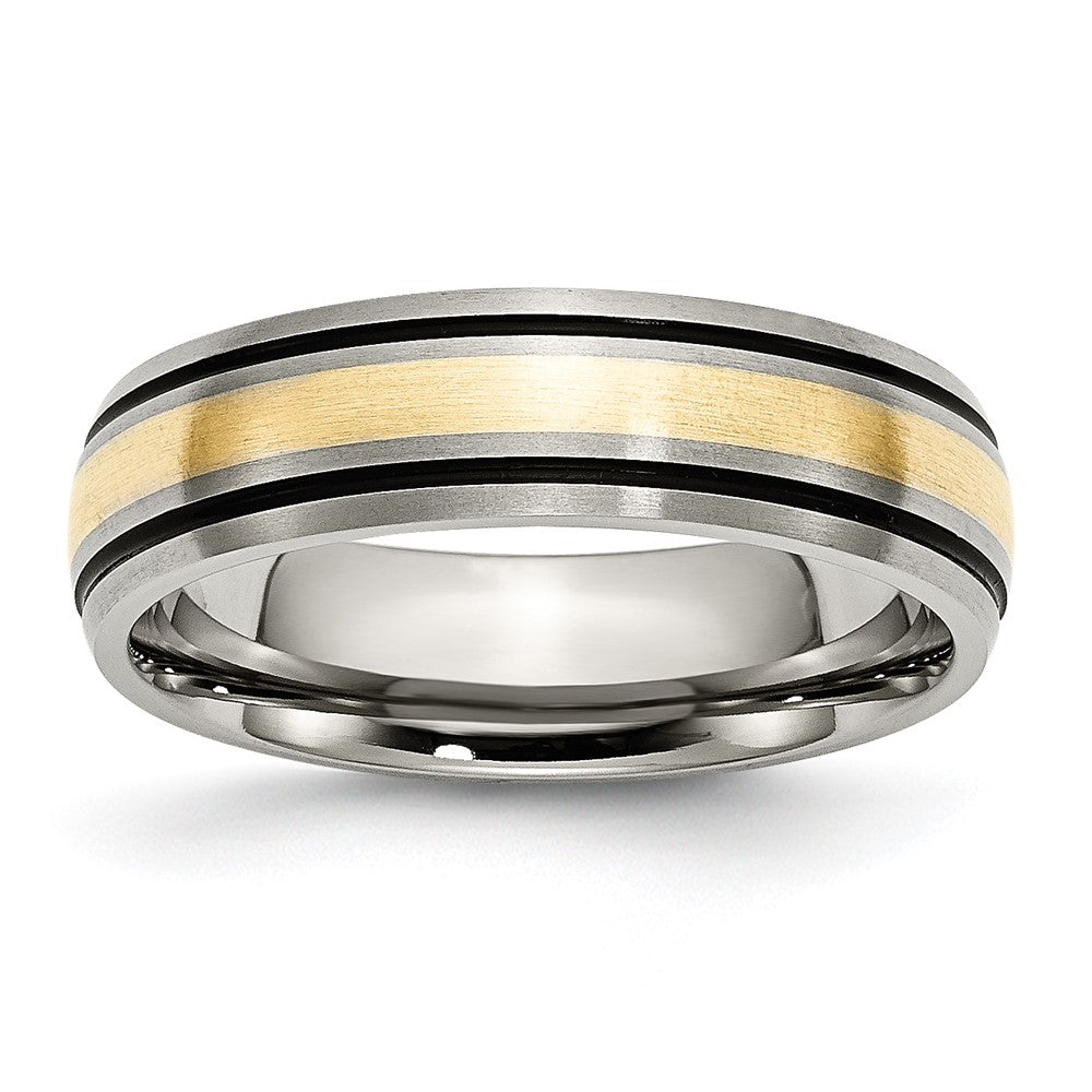 Titanium Antiqued and Brushed w/14k Yellow Inlay 6mm Grooved Band Size - 6.5