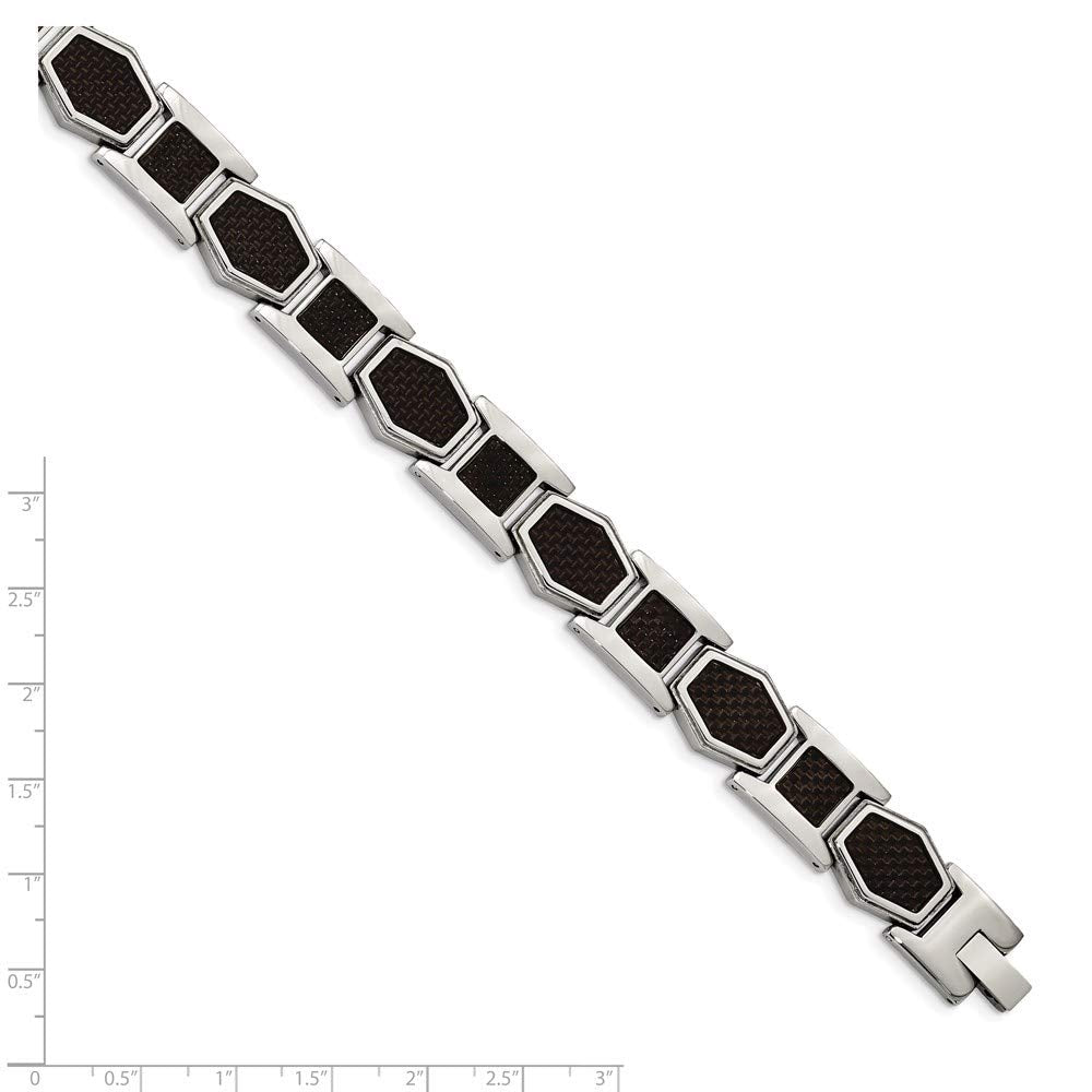 Stainless Steel Polished with Black Carbon Fiber Inlay 8.75in Bracelet 8.75 inches