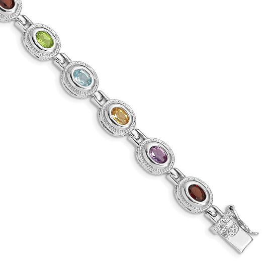 Sterling Silver Rhod-pltd 7inch Rainbow Multi-gemstone Bracelet 7 inches