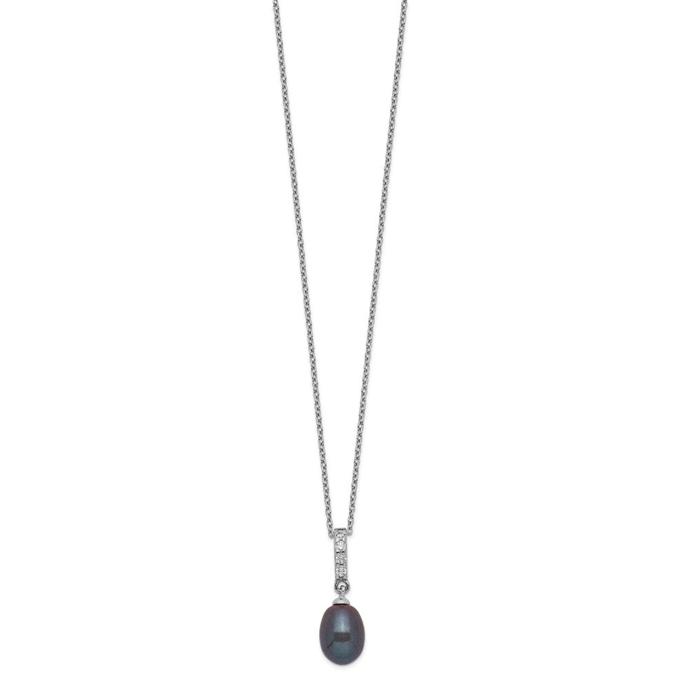 Sterling Silver Rhodium-plated 8-9mm Black Teardrop Freshwater Cultured Pearl and CZ 17 inch Necklace 17 Inches