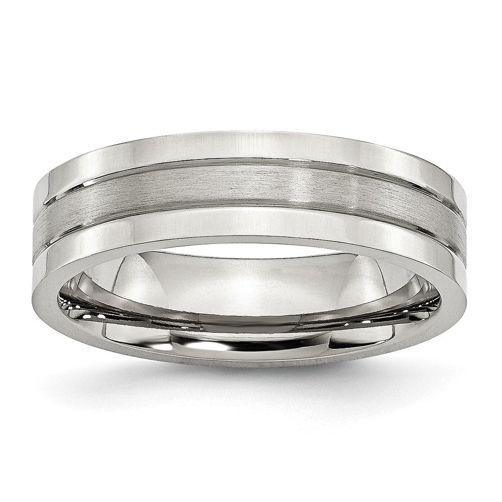 Stainless Steel Polished w/Satin Center 6mm Grooved Band Size - 11.5