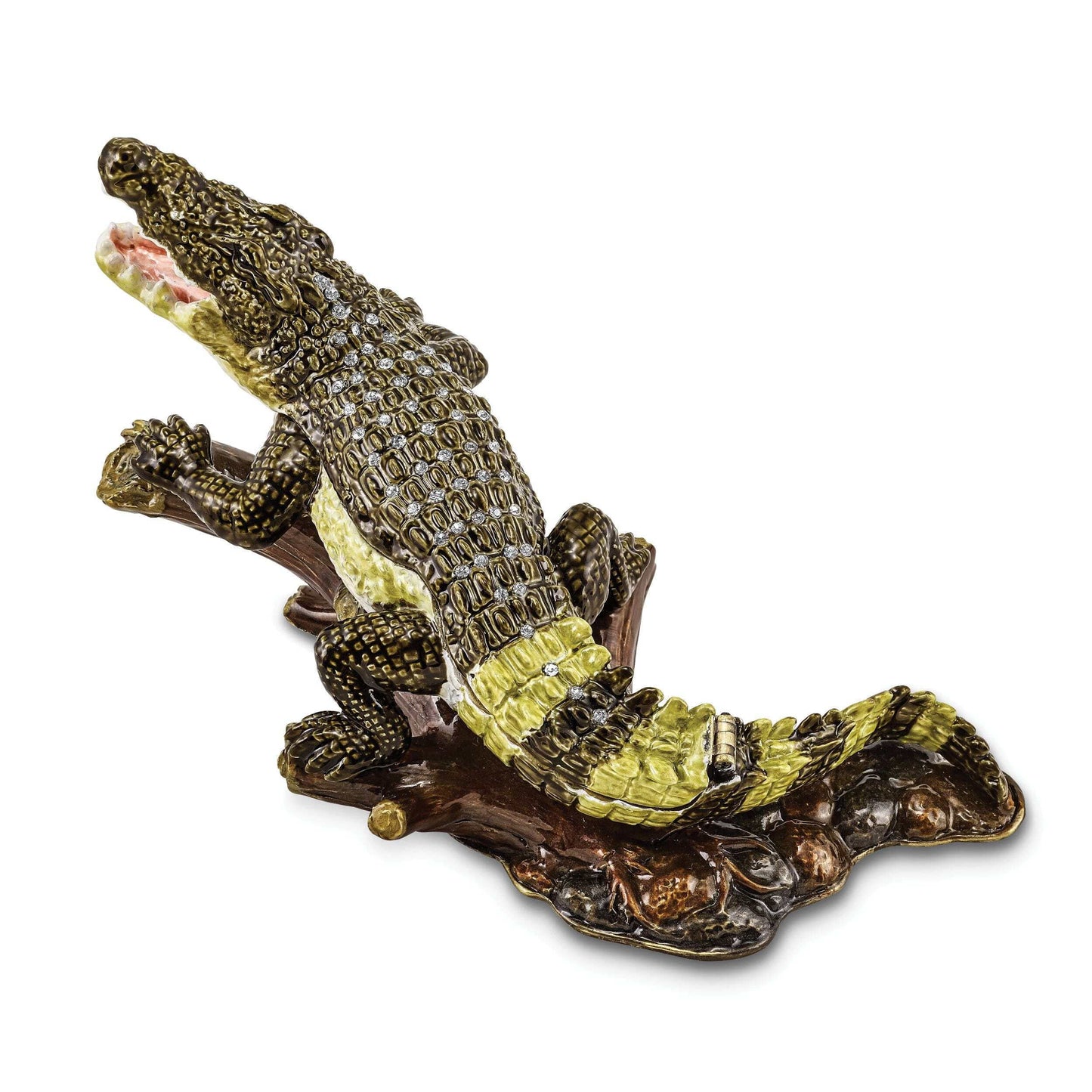 Luxury Giftware by Jere Pewter Bejeweled Crystals Gold-tone Enameled COCO Fierce Crocodile Trinket Box with Matching 18 Inch Necklace QBJ4034