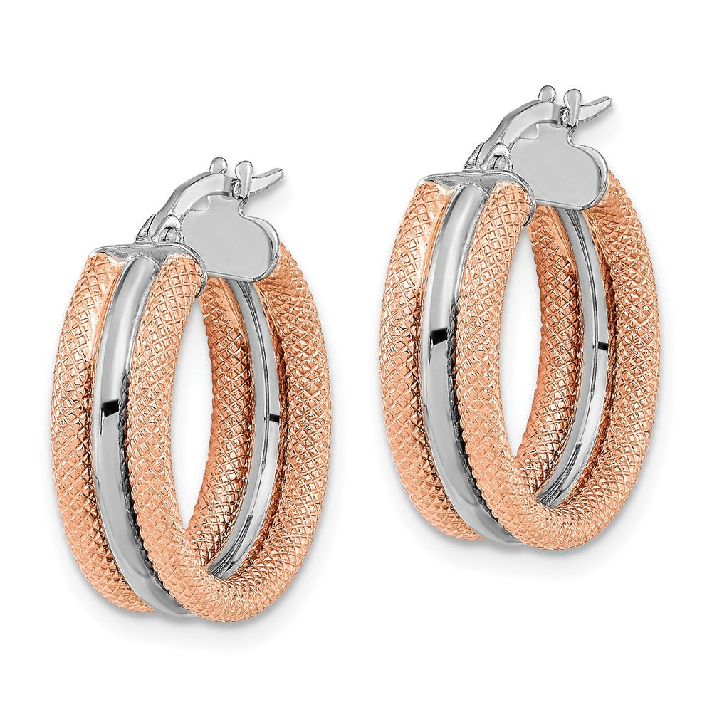14K White Gold w/ Rose Rhodium Polished and Textured Hoop Earrings
