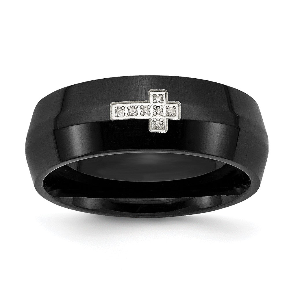 Stainless Steel Polished Black IP-plated 2pt Diamond Cross 8mm Band Size - 7