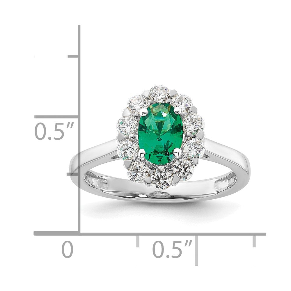 10k White Gold 5/8 carat Lab Grown Diamond VS/SI+ G+ and Oval Lab Created Emerald Halo Fashion Ring