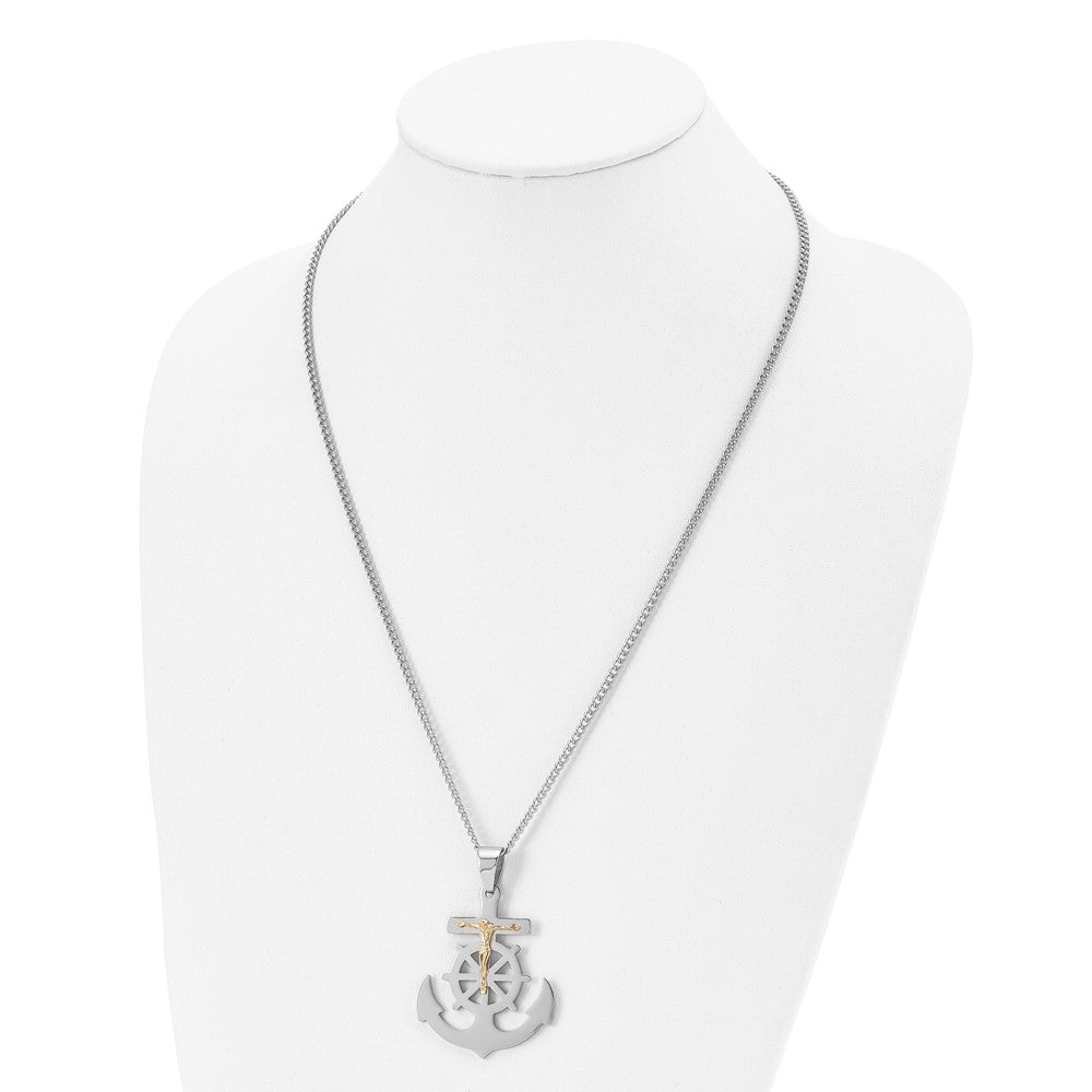 Stainless Steel Polished Yellow IP-plated Mariner's Cross 24in Necklace