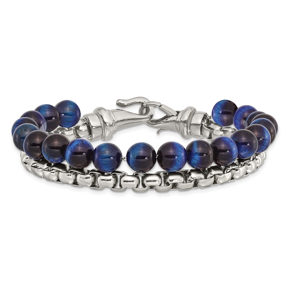 Stainless Steel Polished Box Chain & Blue Tiger's Eye 2 Strand 8.5in Bracel 8.5 inches
