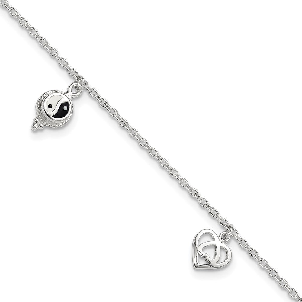 Sterling Silver Polished Hearts and Peace Sign 8in Plus 1in Ext Anklet 9 inches
