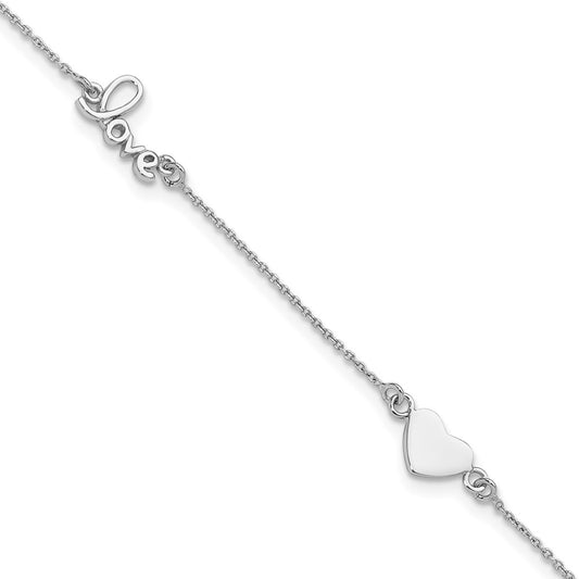 Sterling Silver Rhodium-plated Heart and LOVE 9in Plus 1in ext. Anklet 9 inches