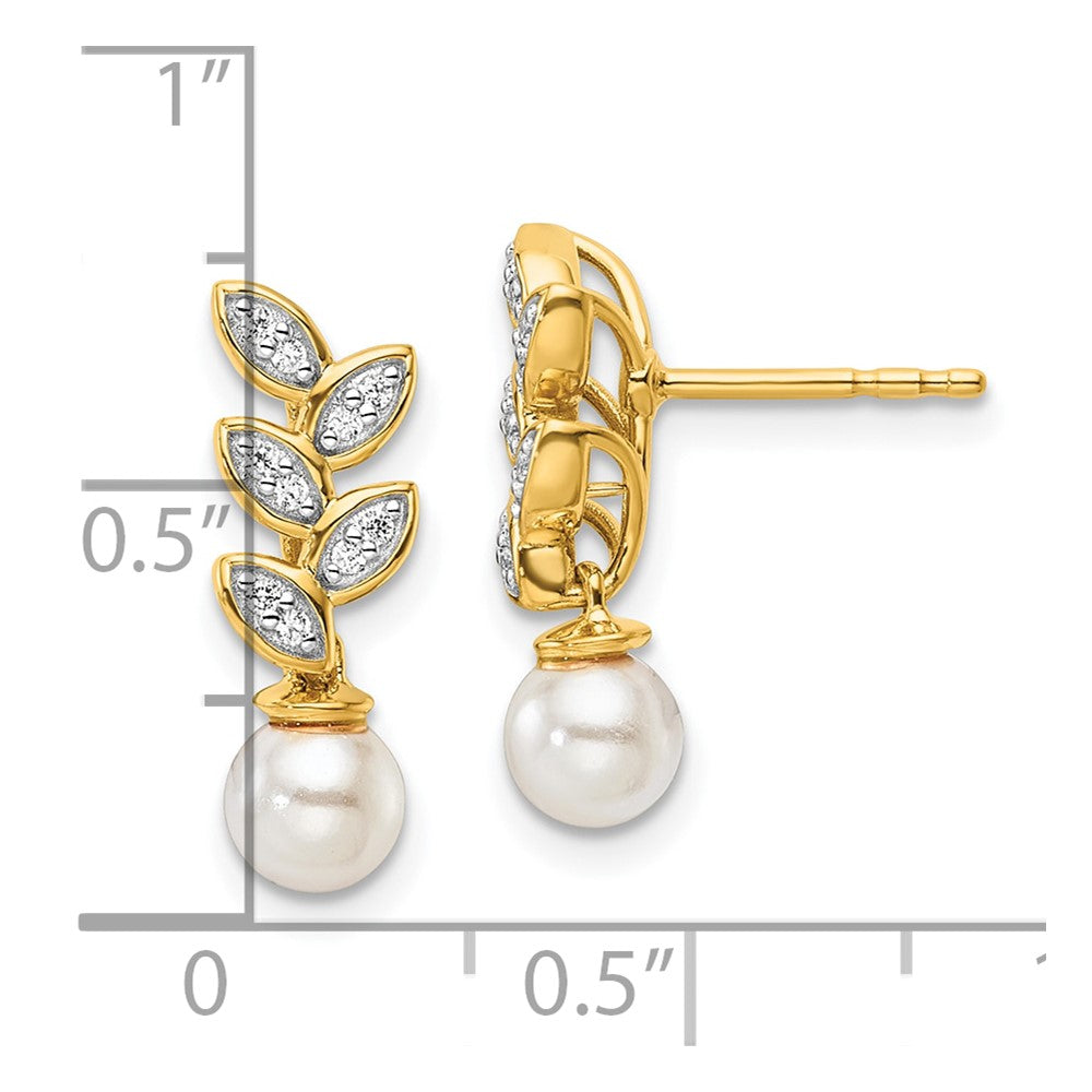 14K Gold Polished 1/10 Carat Diamond & White Freshwater Cultured Pearl Leaf Dangle Post Earrings