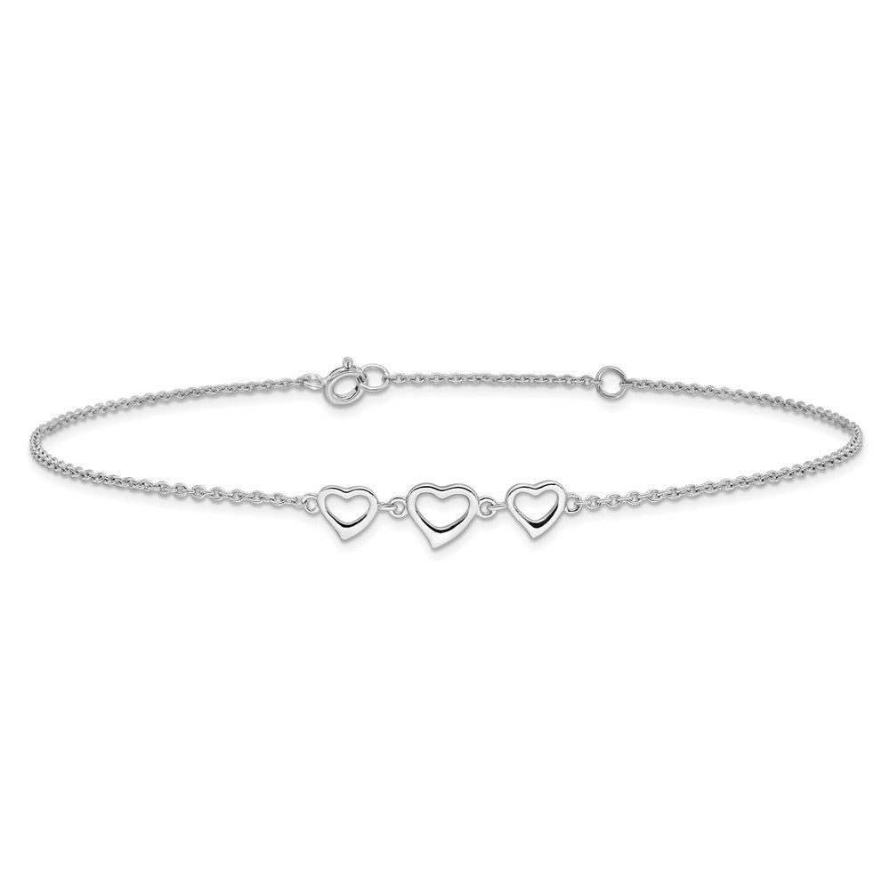Sterling Silver Rhodium-plated 10 in Plus1 in ext Three Hearts Anklet 10 inches