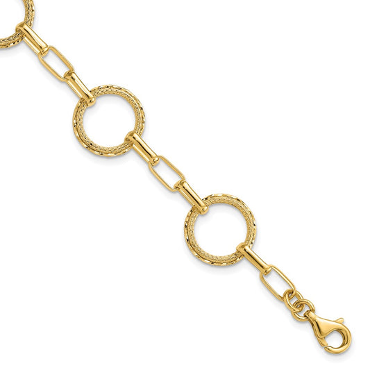 14K Polished/Dia-cut/Textured Circles Fancy Link Bracelet 7  inches