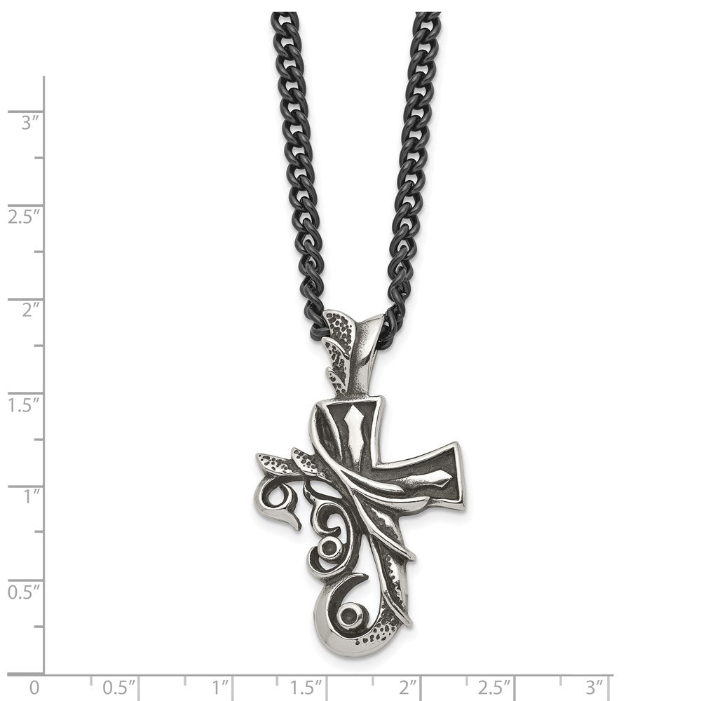 Stainless Steel Antiqued and Polished Fancy Cross 20in Necklace