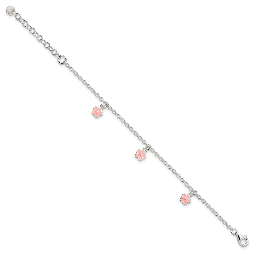 Sterling Silver Polished Pink Enamel Flowers w/1.5in Ext Children's Bracele 7 inches