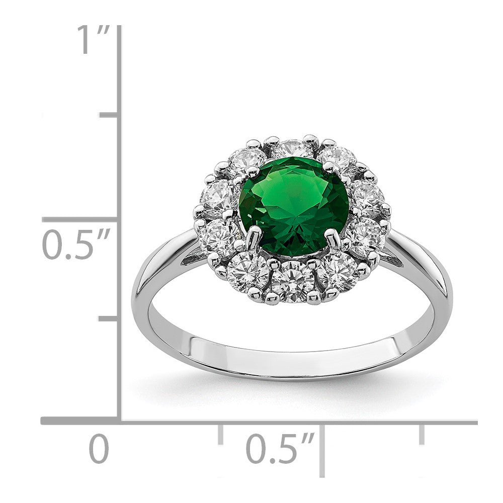 Sterling Silver Rhodium-plated Green Glass and CZ Halo Ring