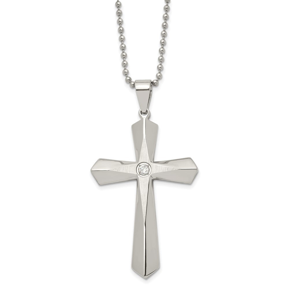 Stainless Steel Brushed and Polished w/CZ Cross 24in Necklace