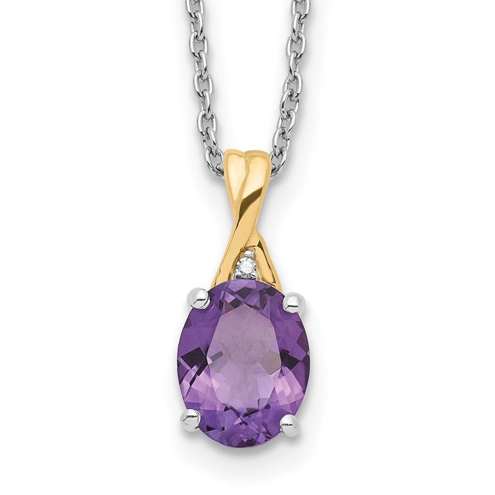 Brilliant Gemstones Sterling Silver with 14K Accent Rhodium-plated Amethyst and Diamond 18 Inch Necklace with 2 Inch Extender 18 Inches