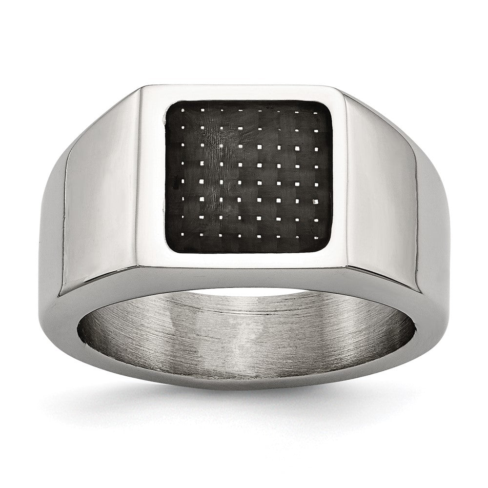 Stainless Steel Polished Carbon Fiber Inlay Signet Ring Size - 12