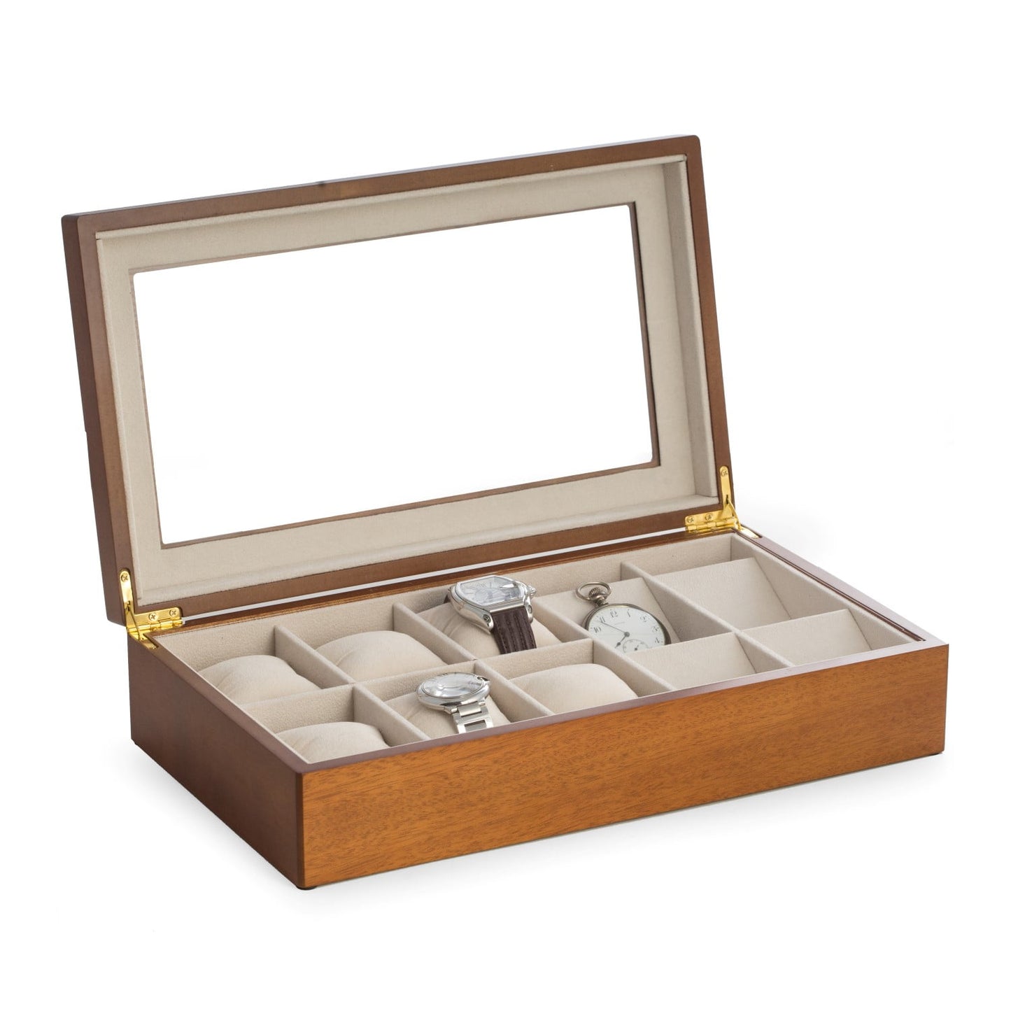 Cherry Wood Six Watch and Four Pocket Watch Storage Box with Glass Top and Soft Velour Lining.