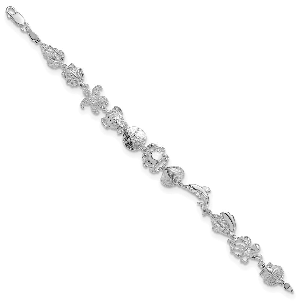 De-Ani Sterling Silver Rhodium-plated Polished Multi-Shell and Sealife Bracelet 7.25 inches