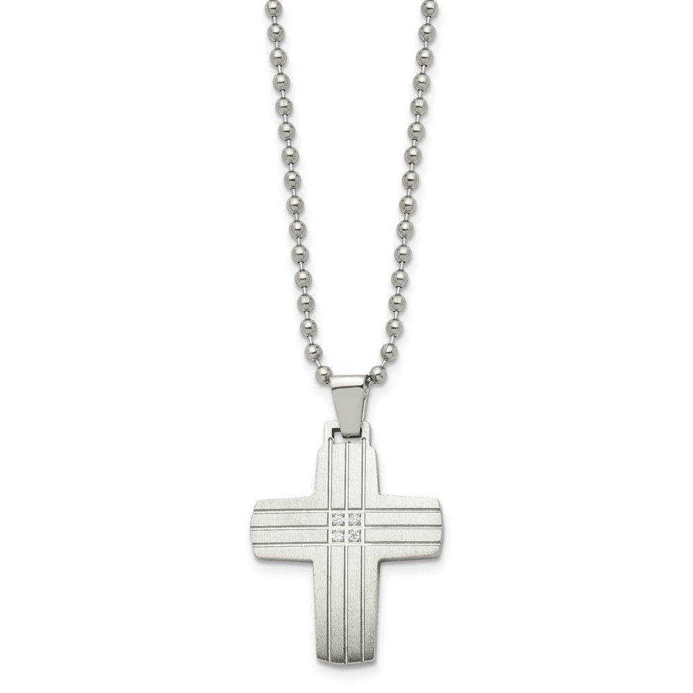 Stainless Steel Brushed and Polished w/CZ Cross 22in Necklace
