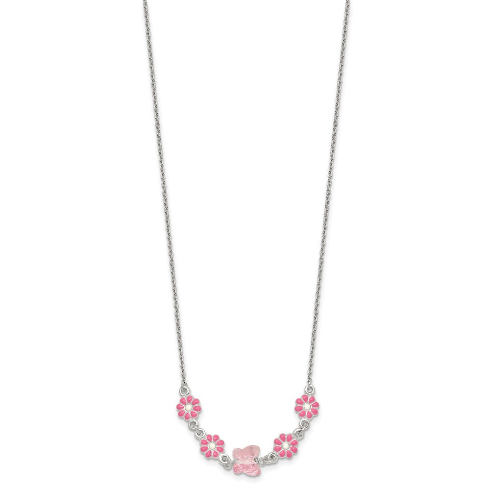 Sterling Silver Polished Pink Enameled Flowers and Pink Glass Butterfly Childrens 14 inch Necklace