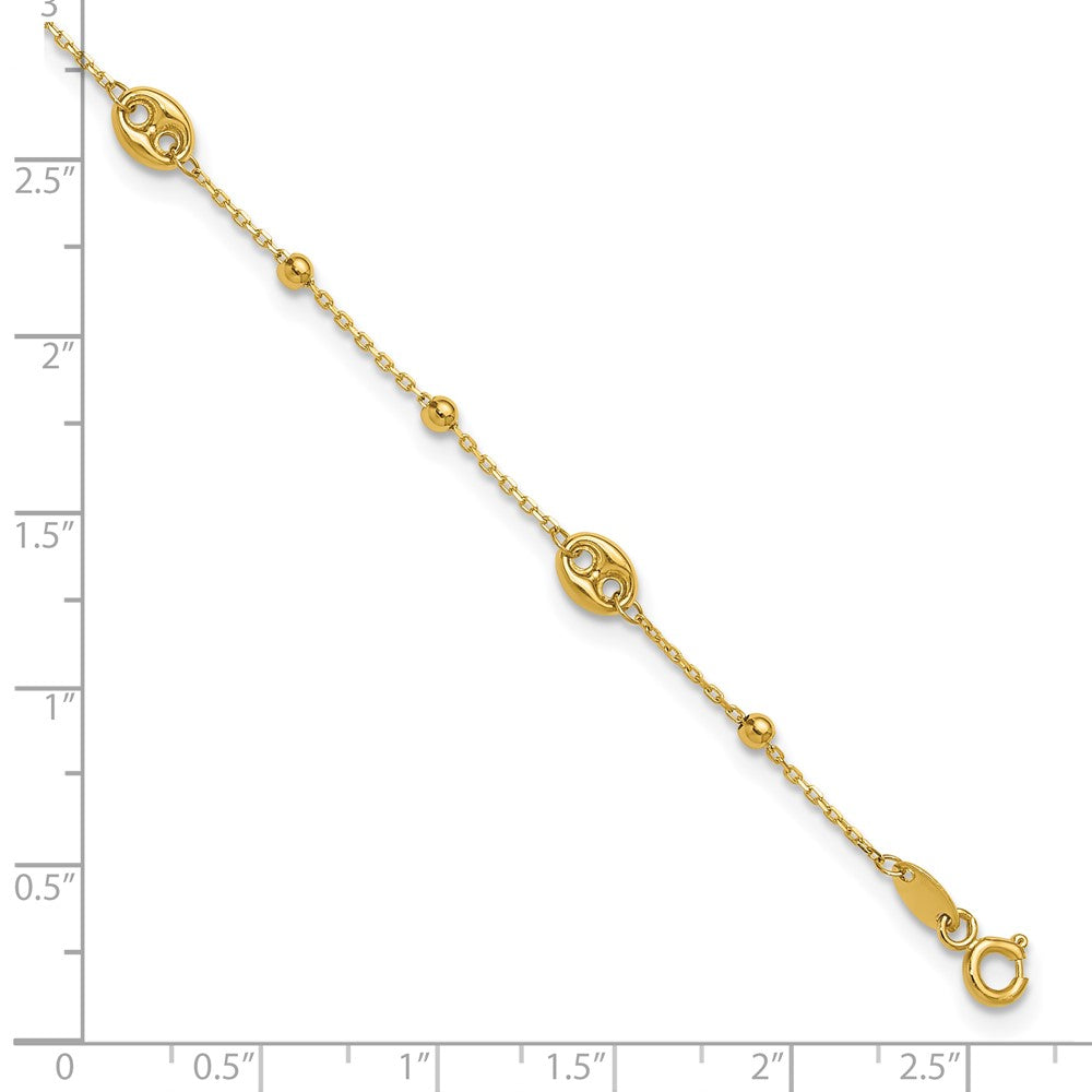 14K Polished Beads Station 9in Plus 1in ext. Anklet