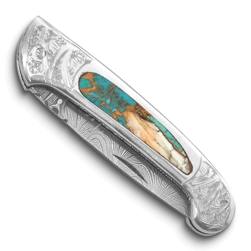Luxury Giftware by Jere Damascus Steel 256 Layer Folding Blade Compressed Spiny Oyster, Turquoise, Bronze and Resin Inlay Handle Knife with Leather Sheath and Wooden Gift Box