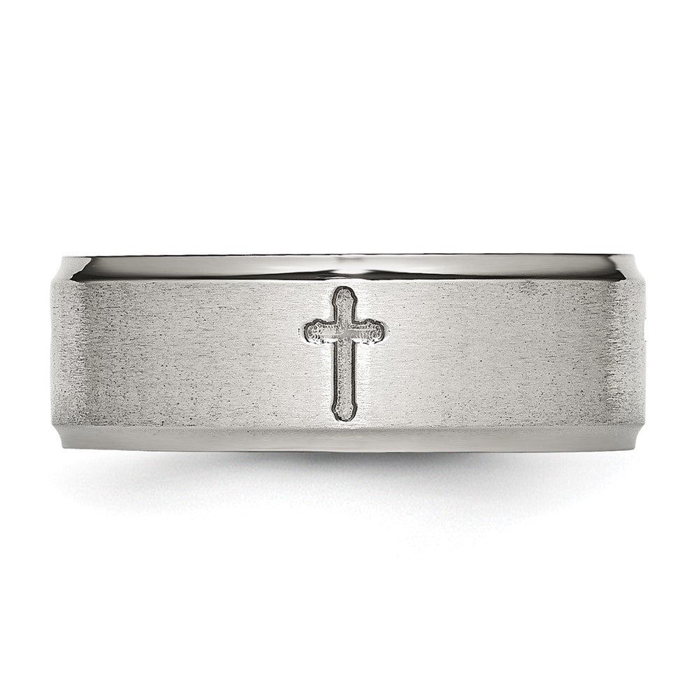 Stainless Steel Brushed and Polished Cross 8mm Ridged Edge Band Size - 13.5