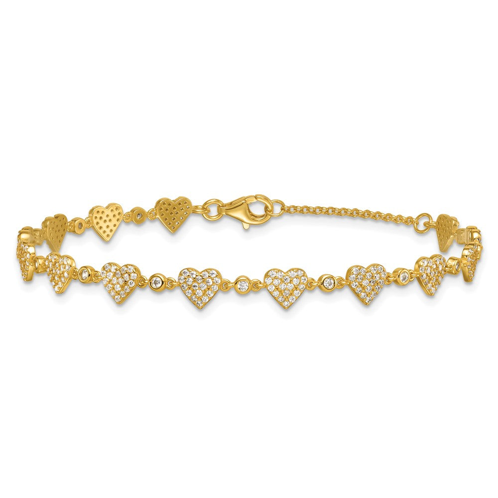Sterling Silver Gold-tone Polished Pave CZ Hearts 7 Inch with 1 Inch Extension Bracelet 8 inches