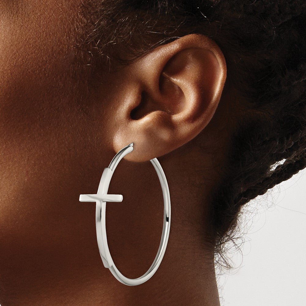 Stainless Steel Polished Large Cross Hoop Earrings