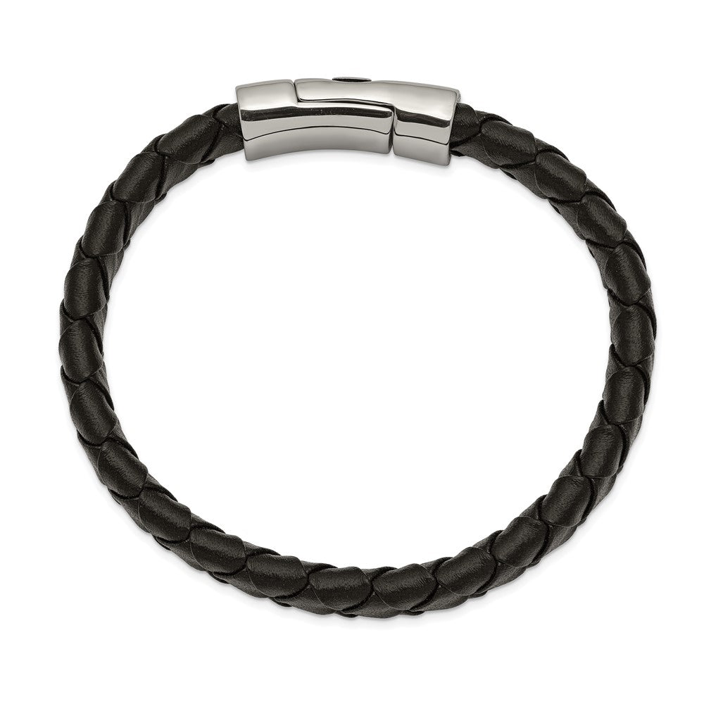 Stainless Steel Antiqued and Polished Cross Black Leather 8.5in Bracelet 8.5 inches