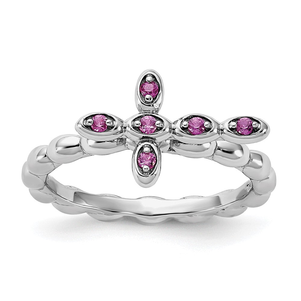 Sterling Silver Stackable Expressions Rhodium-plated Created Ruby Cross Ring Size -7