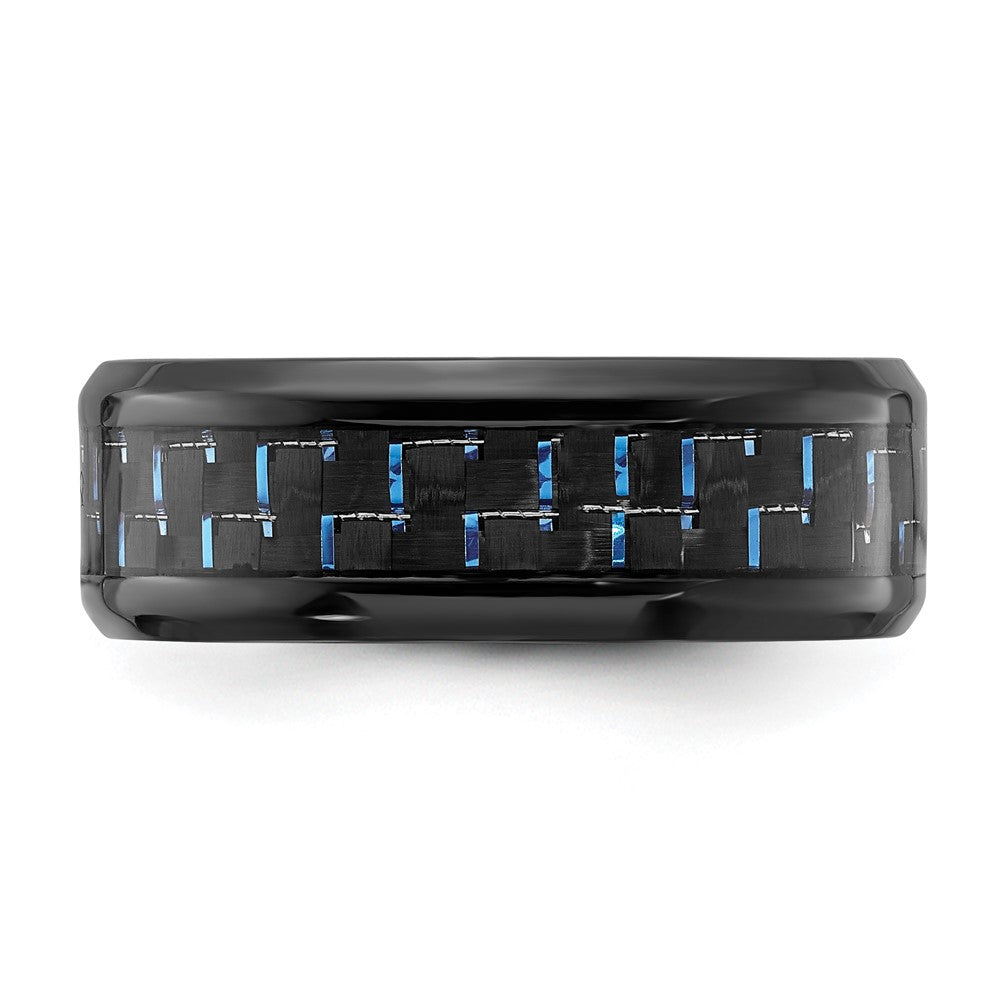 Black Titanium Polished with Black & Blue Carbon Fiber Inlay 8mm Band Size - 7