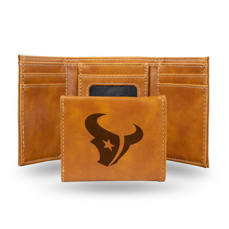 Football Rico Industries Houston  Brown Laser Engraved Trifold Laser Engraved Tri-Fold Wallet - Men's Accessory