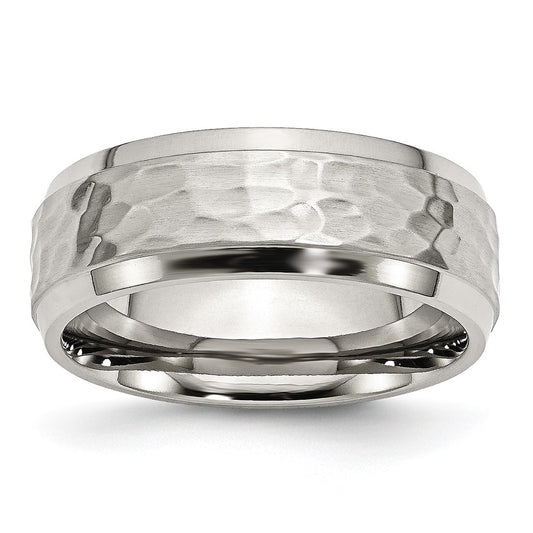 Stainless Steel Brushed Polished and Hammered 8mm Beveled Edge Band Size - 9.5