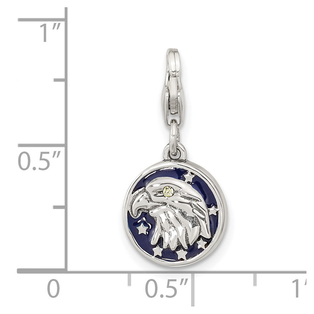 Amore La Vita Sterling Silver Rhodium-plated Polished Antiqued Enameled Crystal Reversible American Flag Eagle Charm with Fancy Lobster Clasp
